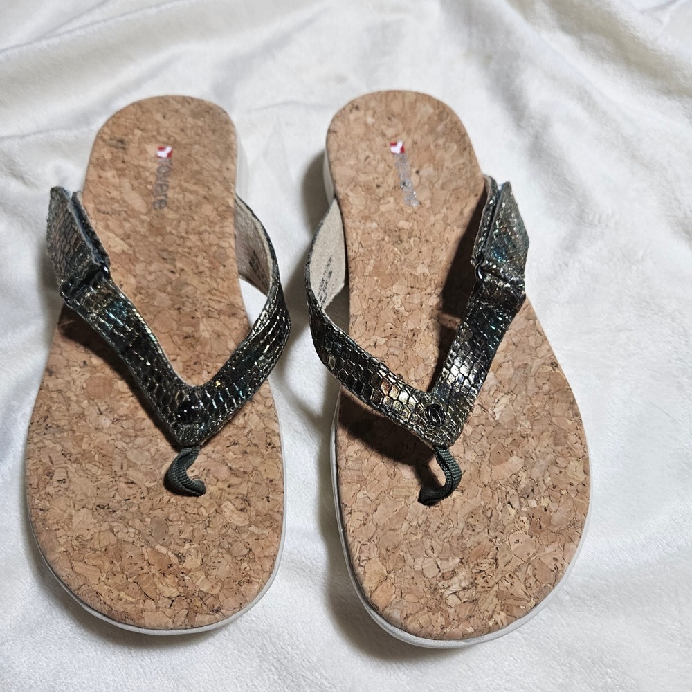 Revere Napoli Peacock Python Orthotic Thong Sandals Womens 7 Metallic Green Cork